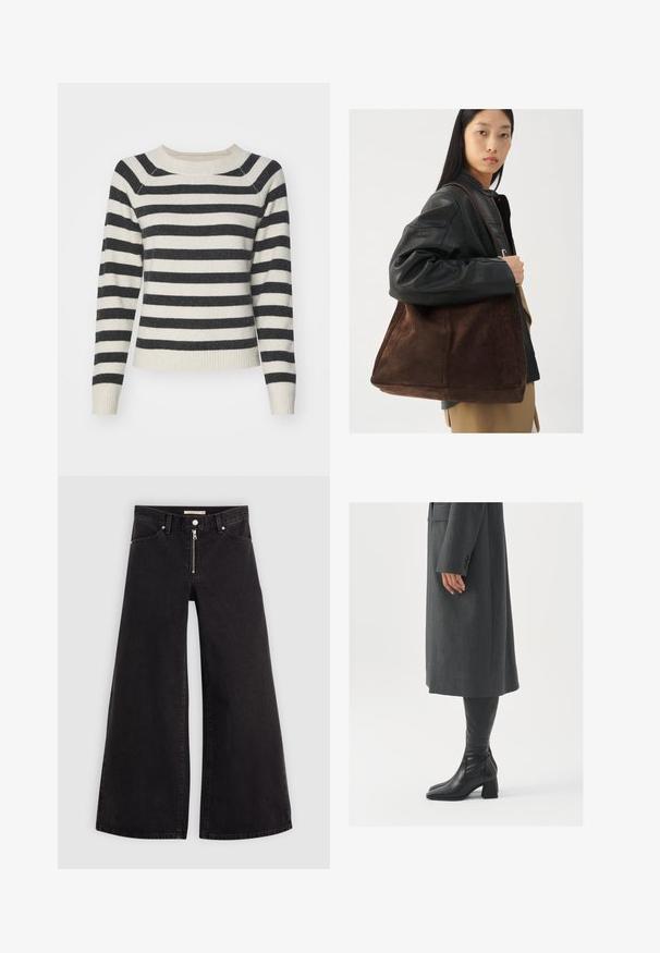 Pasma pulover s črnimi in kremnimi horizontalnimi črtami, rebrasti manšeti in rob, okrogla ovratnica in mehak material. Pulover z srednje dolgimi rokavi.; Široke traperice iz črnega denima z zadrgo spredaj, petimi žepi in diskretnimi šivi. Gladka tekstura in ležeren slog.; Siv prešita zimska plašča ravnega kroja; obuta z visokimi črnimi usnjenimi škornji, ki imajo kvadratni nos in debel pet.; Rjava semiš torba oblikovana širše in z mehkimi površinami, opremljena z enim ročajem in minimalnim okrasjem na nevtralnem ozadju.