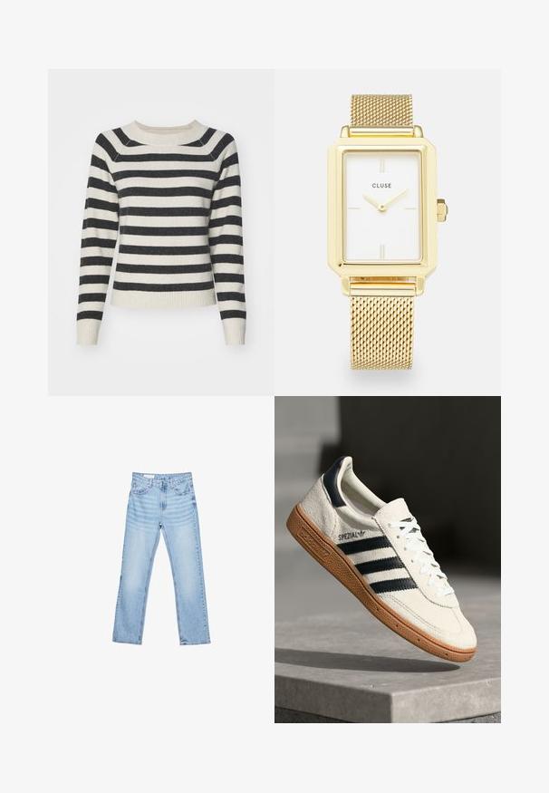 Gestreifter Pullover mit schwarzen und cremefarbenen horizontalen Streifen, gerippte Bündchen und Saum, runder Ausschnitt und weicher Textur. Mittel-lange Ärmel.; Hellblaue Jeans aus Denim mit geradem Schnitt, Fünf-Taschen-Design und sichtbaren Nähten. Mittelhoher Taillenbund mit klassischem Knopf- und Reißverschluss.; Weiße Wildleder-Sneaker mit marineblauen Streifen, Gummisohle, strukturiertem Obermaterial, runder Zehenform und Schnürung; mit Branding an der Seite und auf der Zunge.; Goldenes rechteckiges Uhrenarmband mit einem weißen Ziffernblatt, minimalistischen Stundenmarkierungen und einem Metallmeshband. Verfügt über eine seitliche Krone zur Zeiteinstellung.