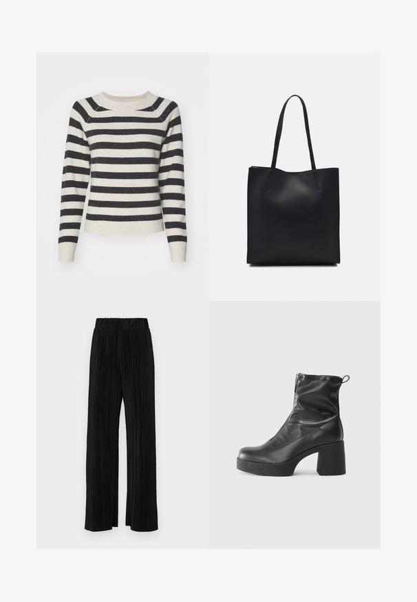 Striped sweater with black and cream horizontal stripes, ribbed cuffs and hem, round neckline, and soft texture. Mid-length sleeves.; Black pleated trousers with an elastic waistband. Features wide legs and a smooth, textured fabric with vertical stripes.; Black ankle boots made of smooth leather, featuring a side zipper, chunky textured heel, and rounded toe design.; Black leather tote bag with smooth texture, rectangular shape, and two long handles. No visible hardware or embellishments.