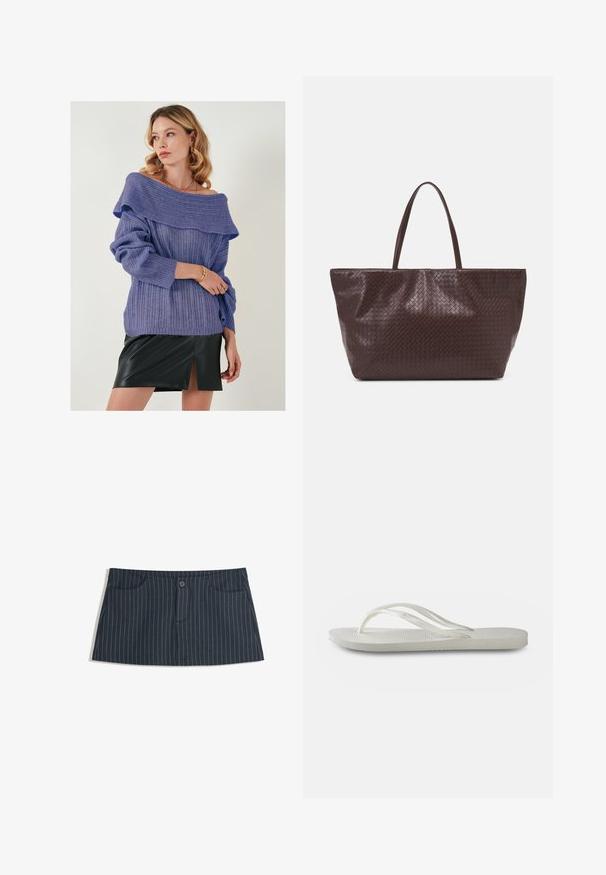 Pull en tricot côtelé violet avec un décolleté hors-épaules et des poignets retroussés, associé à une mini-jupe en cuir noir avec une fente à l'avant.; Mini jupe à rayures bleu marine avec poches avant et une fermeture à un bouton à la taille.; Tong en plastique blanche avec une semelle texturée, dotée de fines brides et d'un design plat. Fabriquée en caoutchouc avec un logo discret sur le coussin de pied.; Sac à tote en cuir tressé marron avec deux poignées, une forme structurée et une surface texturée, présentant un motif en losanges sur toute sa surface.