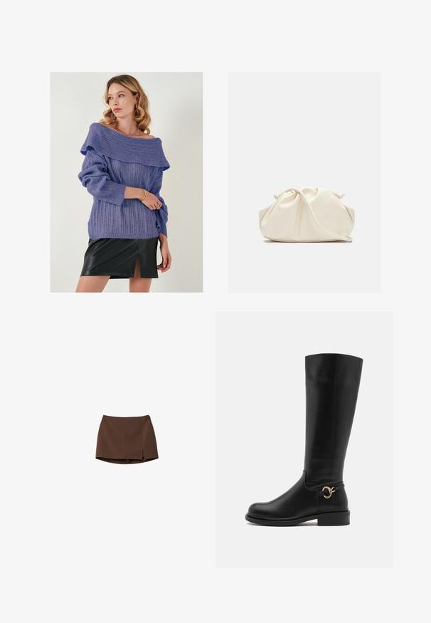 Vijolična pletena pulover s rebrastim črtami z izrezom, ki odkriva ramena, in zavihanimi manšetami, v kombinaciji s črno usnjeno mini krilo, ki ima sprednji razporek.; Rjava krila iz gladkega materiala, s preprosto ravno silhueto in stranskim razporkom. Enostavno oblikovanje brez vzorcev ali kovinskih detajlov.; Anna Field Wide Fit Škornji - black; Krema barve, mehka torba iz umetnega usnja z nabranim dizajnom, nastavljivim ročajem in diskretnim zapiranjem na vrvico. Gladka tekstura in zaobljena oblika.; Srebrne uhane v obliki kapljice z zaobljenimi, odsevnimi površinami; minimalistična zasnova z gladko teksturo in subtilno blagovno znamko.