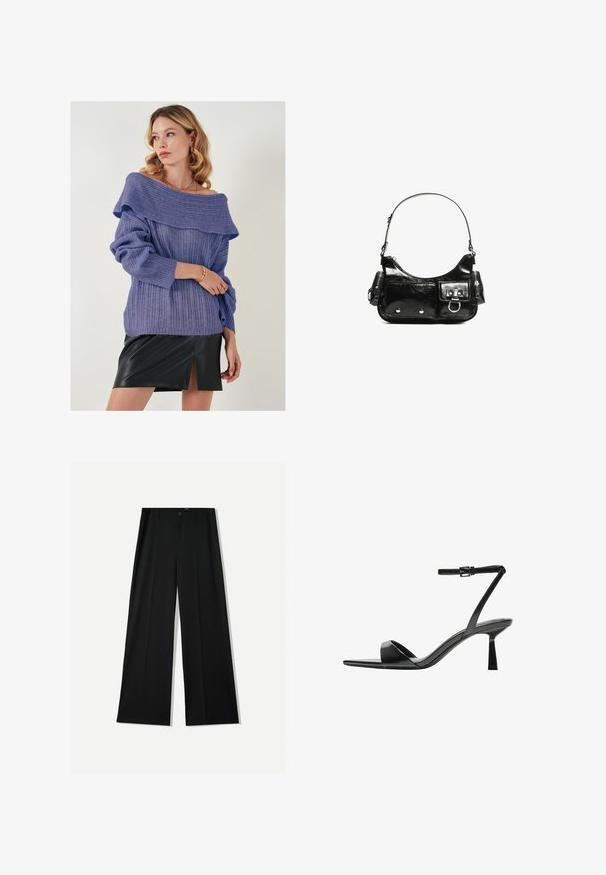 Pulover tricotat violet cu guler asimetric și manșete răsucite, asociat cu o fustă mini din piele neagră, cu o fanta frontală.; Bershka WIDE - Pantaloni - black; Bershka Sandale cu toc - black; Geantă de mână din piele lăcuită neagră, cu o formă curbată, un umăr, buzunare frontale și accente din metal argintiu.