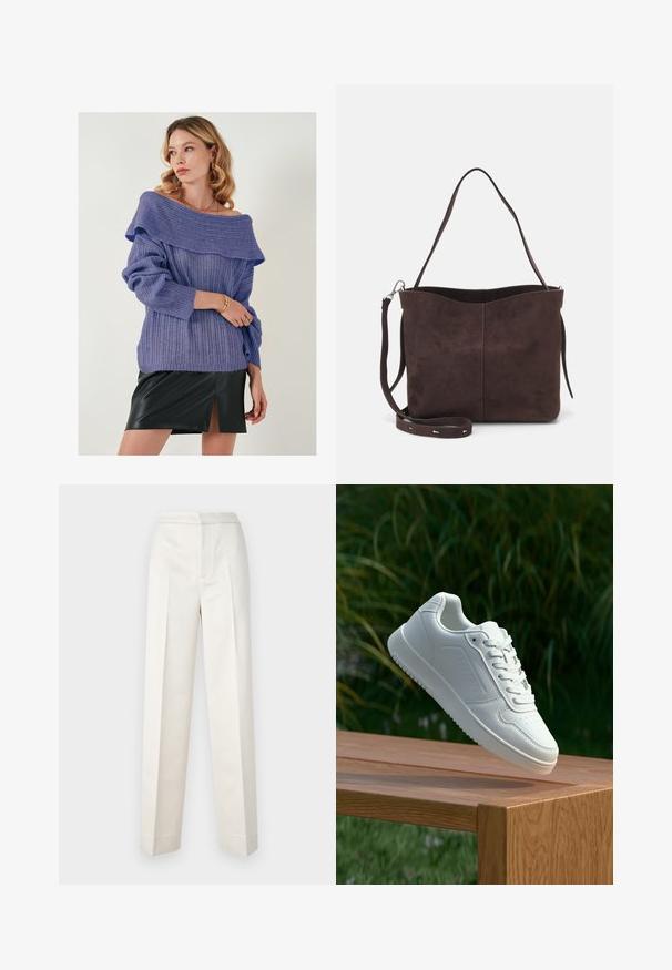 Violeta ribota adīta džemperis ar plecu izgriezumu un sarullētām piedurknēm, kombinēts ar melnu ādas mini svārku ar priekšējo šķēlumu.; Krēma krāsas bikses ar pielāgotu piegriezumu, ar taisnu nogriezumu, gludu audumu, priekšējo krokām un tīru apdari. Minimalistisks dizains.; Baltie sporta apavi ar gludu sintētisku augšpusi, perforētu pirkstu daļu, plakani šņorēm un rakstainu zoli, novietoti uz koka virsmas.; Brūns zamšādas roku soma ar mīkstu tekstūru, aprīkota ar vienu plecu siksnu un nelielu izliekta augšējā atvēruma dizainu. Nav redzamu metāla detaļu.