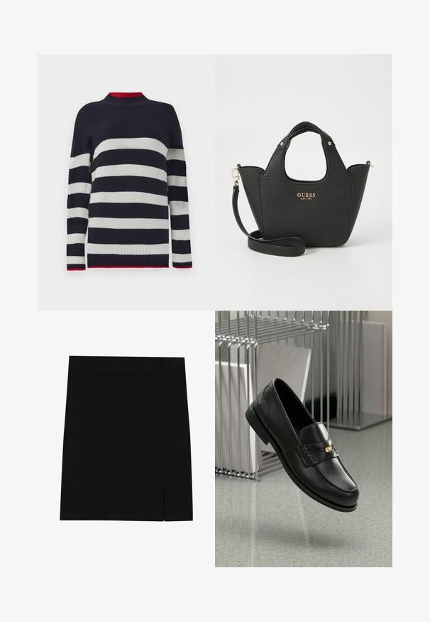 Maglione a righe blu navy e bianche con texture a coste, dotato di un alto colletto e dettagli rossi sul colletto e sull'orlo.; Gonna nera mini realizzata in tessuto morbido con un design aderente, caratterizzata da una leggera apertura sul lato per un tocco di stile in più.; Mocassini in pelle nera con una finitura liscia, caratterizzati da una fascia decorativa e un piccolo accento dorato. La suola è piatta con una punta arrotondata.; Borsa a tracolla nera texturizzata con manici corti e tracolla rimovibile. Presenta un accento del logo dorato. Forma compatta e strutturata.