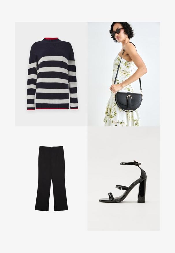Marineblauwe en witte gestreepte trui met een ribbelstructuur, voorzien van een hoge kraag en rode accenten bij de kraag en de zoom.; Zwarte broek met een rechte pasvorm, voorzien van zijzakken en plooien aan de onderzijde. Gemaakt van zachte, gladde stof. Geschikt voor verschillende gelegenheden.; Zwarte gepatenteerde sandalen met hak en een vierkante neus, enkelbandjes en zilveren gespen. Heeft een stevige blokhak voor stabiliteit.; Zwarte leren handtas met een gebogen vorm, afneembare schouderband en gouden hardware. De tas heeft een klep met een gespsluiting.