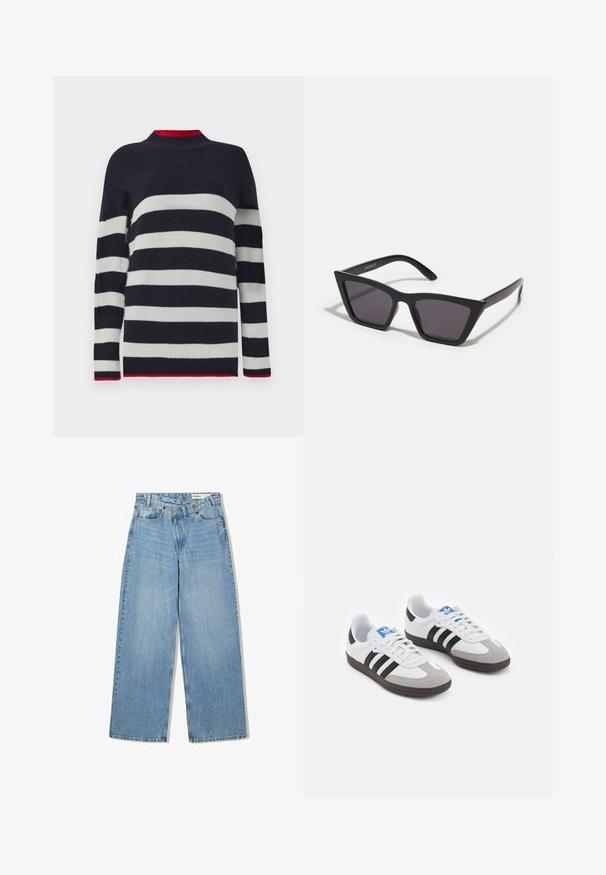Pull rayé bleu marine et blanc avec une texture côtelée, présentant un col haut et des accents rouges au niveau du col et de l'ourlet.; Jean large bleu clair en denim, avec taille haute, cinq poches, fermeture à bouton et un léger délavage pour la texture.; Baskets avec une tige en cuir blanc, un bout en daim gris et trois bandes noires. Présente un logo bleu sur la languette et une semelle en caoutchouc texturée.; Lunettes noires angulaires avec des verres gris ; fabriquées en plastique, avec des branches épaisses à la surface lisse et sans matériel visible.; Sac à main en cuir tressé de couleur beige, en forme ovale, avec une épaisse anse tressée, présentant une fermeture zippée et une texture brillante.