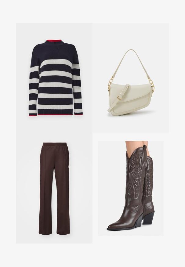 Maglione a righe blu navy e bianche con texture a coste, dotato di un alto colletto e dettagli rossi sul colletto e sull'orlo.; Pantaloni sportivi marroni con elastico in vita, due tasche laterali e un piccolo logo sul lato sinistro, realizzati in un tessuto morbido.; Stivali da cowboy in pelle marrone con punta affusolata e tacco a blocco, caratterizzati da dettagliati ricami e accenti rialzati sul gambale.; Piccola borsa a tracolla crema con finitura testurizzata, una lunga tracolla regolabile, un accento a catena e chiusura a patta. Dettagli in hardware dorato.; Orecchini a cerchio in argento con un design torciglionato, caratterizzati da una finitura lucida e chiusura a perno. Misurano circa 3 cm di diametro.