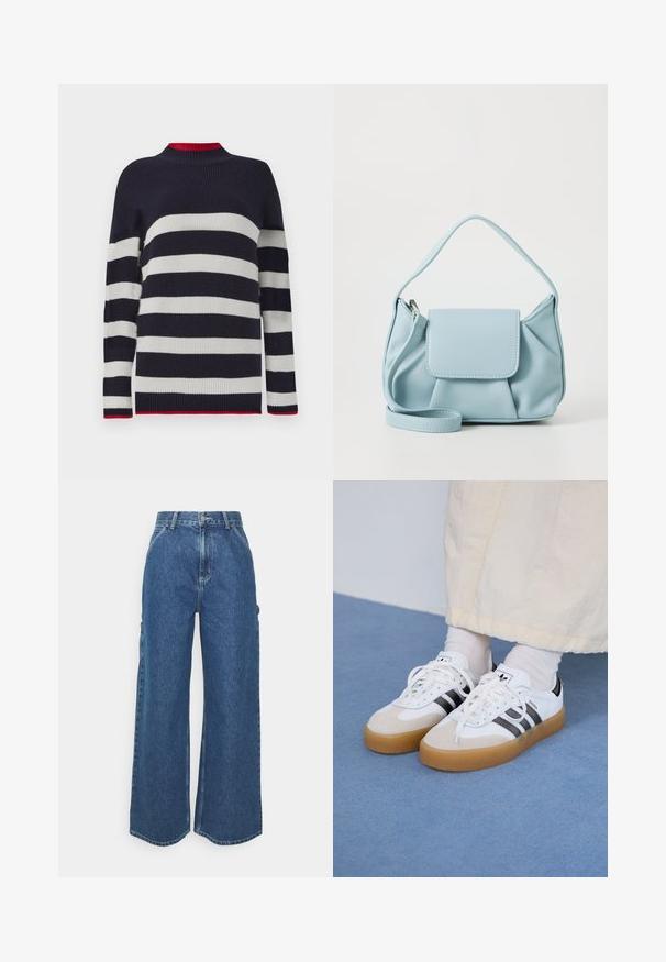 Navy and white striped sweater with a ribbed texture, featuring a high collar and red accents at the collar and hem.; Wide-leg blue denim trousers with a high waist, contrasting stitching, and side pockets, featuring a classic five-pocket design and raw hems.; White sneakers with black stripes and beige suede accents. Feature a textured gum sole and flat white laces, worn with light-colored socks.; Light blue leather handbag with a top handle, front flap pocket, and detachable wrist strap on a white background.