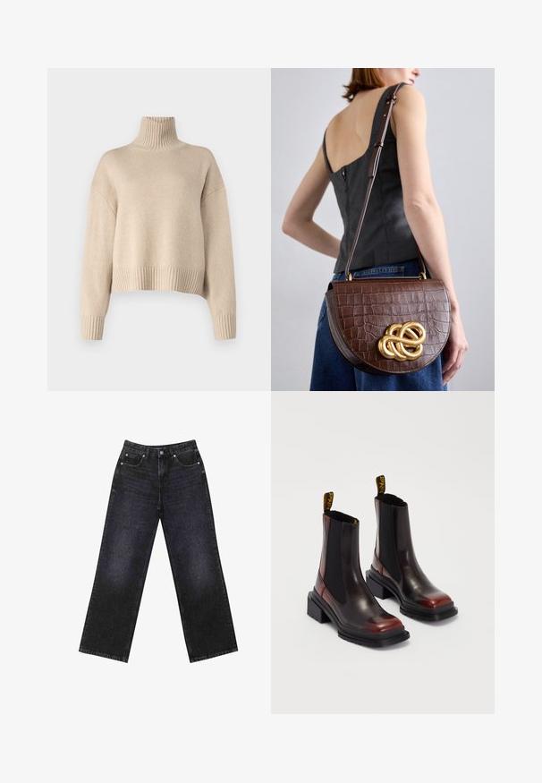 Beige neulottu korkeakauluksinen neule, jossa on ribbireunus, leveät hihat ja lyhyt helma. Pehmeä rakenne ja rento istuvuus.; Olkapäältä avattava, pitkähihainen toppi tummanruskeasta ribbikankaasta. Ominaisuuksiin kuuluvat leveä kaula-aukko ja vartalonmyötäinen siluetti. Teksturoitu, pehmeä materiaali.; Korkeavyötäröiset mustat farkut, joissa on leveä lahje, viisi taskua ja näkyvät tikkaukset. Kangas on sileä, hieman teksturoitu pinnaltaan.; Dr. Martens MAYBOLE CHELSEA - Platform-nilkkurit - black/cherry red; Ruskea, krokotiili-viimeistelty nahkainen käsilaukku, jossa on kaareva ja jämäkkä muoto sekä kultainen solmu korostus. Säädettävä hihna ja sileä pinta.