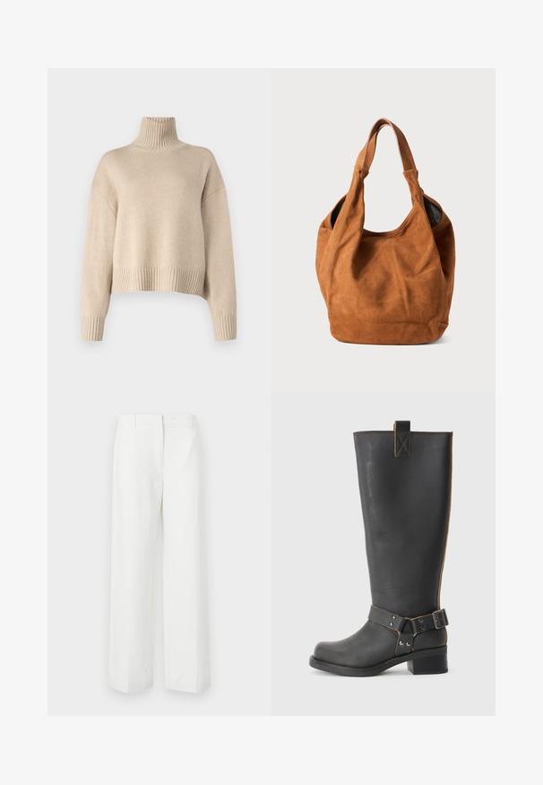 Beige gestrickter Rollkragenpullover mit einem gerippten Kragen, weiten Ärmeln und einem verkürzten Saum. Weiche Textur und lockere Passform.; Weiße weit geschnittene Hosen mit glatter Textur, flachem Bund und gebügelten Falten. Hergestellt aus leichtem Stoff, ohne sichtbare Muster.; Schwarze Leder-Stiefel bis zum Knie mit strukturiertem Finish, seitlichem Schnallenakzent und niedrigem Absatz. Detaillierte Steppnähte entlang der Nähte.; Braune Wildleder-Schultertasche mit weicher Textur, gebogener Form und zwei Griffen. Verfügt über ein minimalistisches Design ohne sichtbare Beschläge oder Akzente.