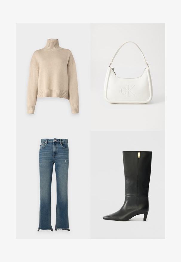 Maglione beige lavorato a maglia con colletto alto a coste, maniche ampie e orlo cropped. Texture morbida e vestibilità rilassata.; Jeans di denim blu con leggeri segni di usura, orli grezzi sfrangiati, tasche frontali, passanti per cintura e chiusura con bottone.; Stivale in pelle nera fino al ginocchio con punta affusolata e tacco basso. Presenta un design elegante con un dettaglio dorato. Texture liscia.; Borsa a tracolla in pelle bianca con forma curva, dotata di un logo "CK" impresso sul davanti e una singola tracolla. Chiusura a zip nella parte superiore.