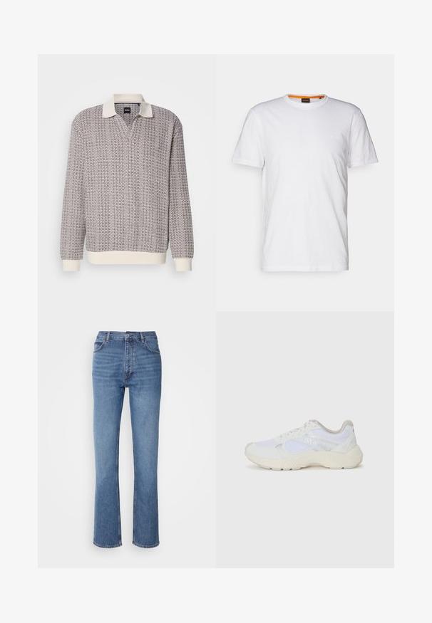 Garšīgas piedurknes adīts polo džemperis ar teksturētu brūnu un baltu rakstu, krēmveida apkakli un krēmveida ribotām piedurknēm un apakšmalu.; Balta kokvilnas T-krekls ar apaļu kakla izgriezumu, īsām piedurknēm un nemanāmu reljefa logo uz krūšu daļas. Iekšējā birka ar oranžu akcentu.; Zilā denima bikses ar augstu jostasvietu, taisnas kājas dizainu un vieglu nolietojumu. Satur klasisku piecu kabatu stilu un ar rāvējslēdzēju aizdari.; Baltas sporta apavi, kas izgatavoti no sieta un zamšāda, ar teksturētu starpzoli, teksturētām akcentēm un "HUGO" logo sānos.