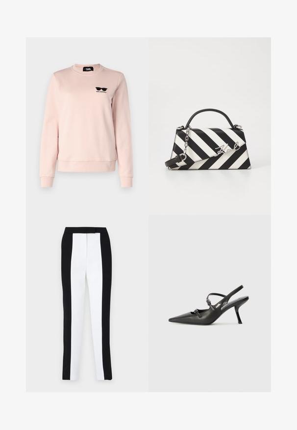 KARL LAGERFELD OVERSIZED EMBROIDERED SUNGLASSES - Camisola - rose smoke; Calças ajustadas em preto e branco com painéis contrastantes. O tecido tem uma textura suave; a cintura é plana e ajustada.; Sapatos de salto alto em couro preto, tipo slingback, com bico pontiagudo, salto esguio e detalhe decorativo em fivela no peito do pé. Textura suave e design elegante.; Bolsa de mão às riscas pretas e brancas com um formato estruturado, apresentando uma alça superior, uma alça de corrente destacável e um detalhe em logotipo metálico.
