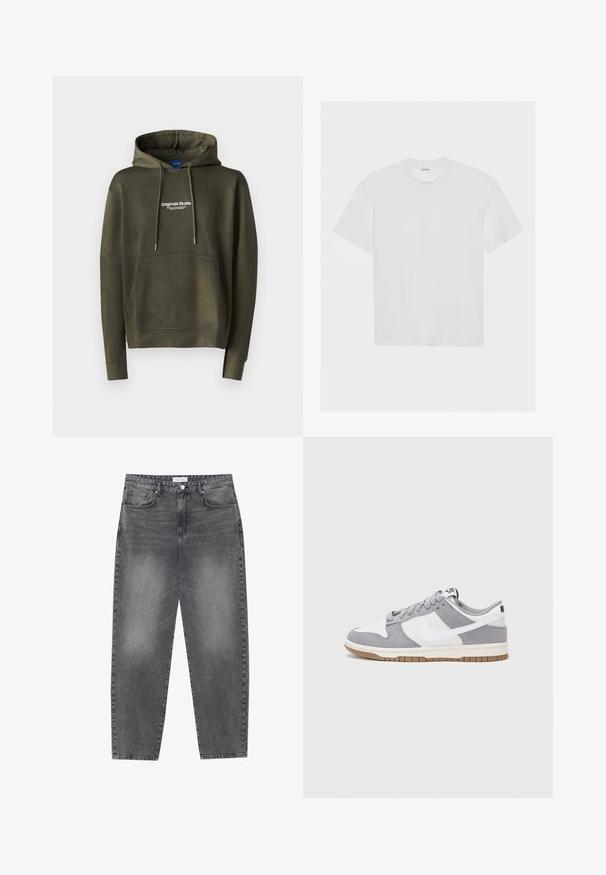 Jack & Jones JORVESTERBRO - Mikina - khaki; Bílý bavlněný tričko s krátkými rukávy, kulatým výstřihem a volným střihem. Hladká textura a žádné viditelné vzory ani akcenty.; Kalhoty s vysokým pasem, volného střihu, vyrobené z vybledlého černého denimu. Mají pět kapes, poutka na opasek a čistý, rovný střih nohavic.; Šedé a bílé tenisky s svrškem z jemné kůže a kůže, kulatou špičkou, plochými tkaničkami a gumovou podrážkou s akcentem v barvě gumy.