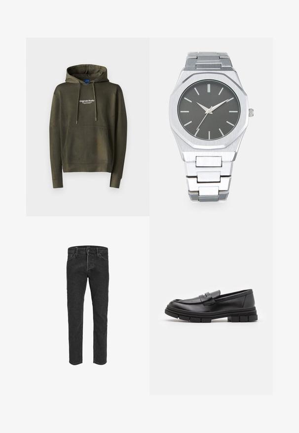 Jack & Jones JORVESTERBRO - Sweatshirt - khaki; Schwarze Jeans aus Denim mit geradem Bein, fünf Taschen und Gürtelschlaufen, mit einer leicht verblassten Textur und Kontrastnähten.; Schwarze Lederloafer mit glatter Oberfläche, ausgestattet mit einem vorderen Riemendetail und einer klobigen Gummisohle mit gerippten Akzenten.; Silberne Analog-Uhr mit achteckigem Gehäuse, grauem Zifferblatt, silbernen Stundenmarkierungen und einem Armband aus Edelstahl. Minimalistisches Design mit glatter Textur.