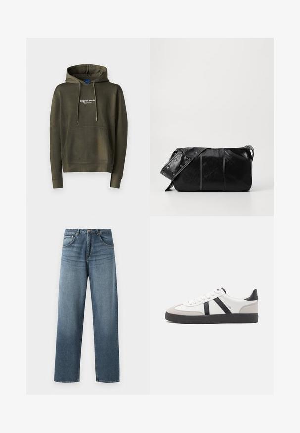 Jack & Jones JORVESTERBRO - Bluză de molton - khaki; Jeans din denim albastru cu picioare drepte și umplutură decolorată, având un design cu cinci buzunare, nasture metalic și bucle pentru curea. Material structurat, de greutate medie.; Sneaker alb cu accente negre și gri, având un capac de vârf gri texturat, talpă din cauciuc negru și șireturi plate albe. Design elegant, stil minimalist.; Geantă de umăr din piele neagră cu închidere cu fermoar, având un corp texturat, cusături albe și o curea cu ochiuri argintii.