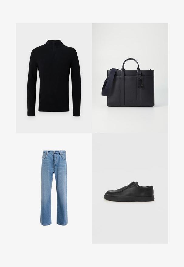 Black pullover with a high collar, featuring a short zipper at the neck. Made of soft knit material, unadorned with no visible patterns.; Light blue denim jeans with a straight-leg design, five pockets, button closure, minimal fading, and contrasting stitching details.; Black leather slip-on shoe with a rounded toe, stitched detailing, and black rubber sole. Smooth texture with minimalistic design.; Dark navy leather briefcase with dual top handles and a detachable strap. Features textured finish, vertical stitching, and logo detail.