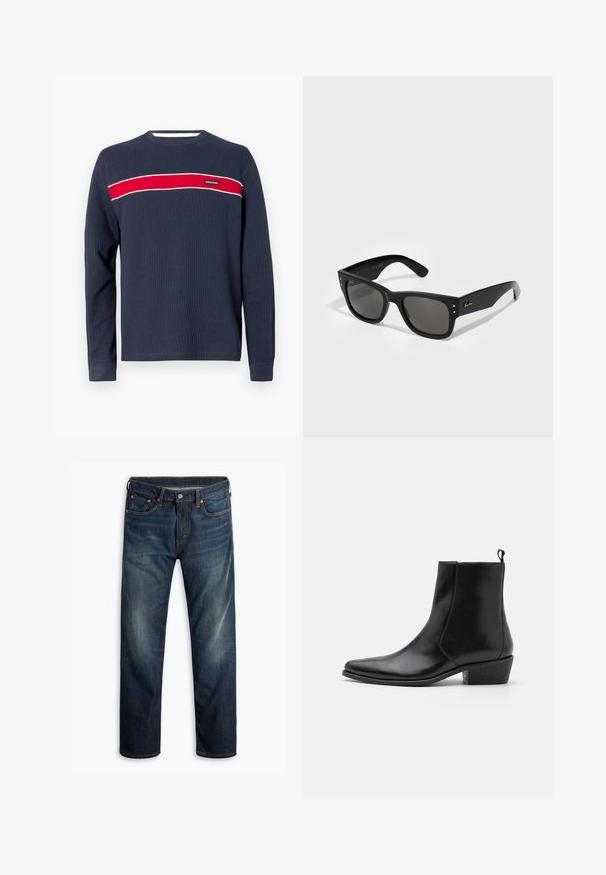 Marineblauw shirt met lange mouwen en een geribbelde textuur, met een horizontale rode streep en witte accenten over de borst, voorzien van een logo-label.; AllSaints BRACE CREW - T-shirt basic - CARTER GREY; Donkerblauwe denim jeans met lichte vervaging op de dijen, vijf-pocket ontwerp, knoopsluiting en zichtbare oranje stiksels op een witte achtergrond.; Zign LEATHER - Cowboy-/Bikerlaarsjes - black; Zwarte zonnebril met een vierkant montuur, voorzien van donkere lenzen. Aangevuld met kleine gouden stippen en een gouden logo op de poot. Soepele textuur.