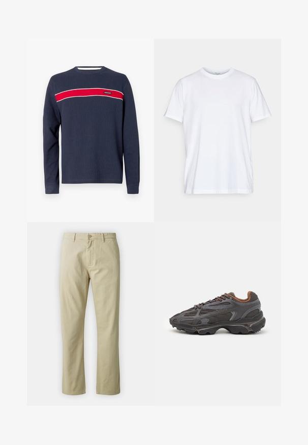 Tumši zila garroku krekls ar ribotu faktūru, ar horizontālu sarkanu svītru un baltiem akcentiem krūtīs, ar logotipa etiķeti.; Balta kokvilnas T-krekls ar īsām piedurknēm, apaļu kakla izgriezumu un brīvu piegriezumu. Iezīmē minimālisma dizainu, bez rakstiem vai akcentiem.; Beidzīgo kokvilnas bikses ar taisnu kāju piegriezumu, priekšējo pogu aizdari un jostas cilpām. Gluda tekstūra, nav redzamu rakstu vai akcentu.; Lacoste kedas tumši pelēkā krāsā ar acu audumu un sintētisko materiālu, ar teksturētu zoli un brūniem akcentiem apkaklītē un zīmola uzrakstā.