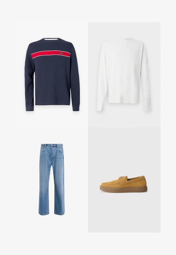 Navy long-sleeve shirt with a ribbed texture, featuring a horizontal red stripe and white accents across the chest, with a logo label.; Long-sleeved white cotton shirt with a round neckline, side slits at the bottom, and a smooth texture, displayed from the back.; Light blue denim jeans with a straight-leg design, five pockets, button closure, minimal fading, and contrasting stitching details.; Brown suede slip-on shoes with a textured finish, round toe, and contrasting rubber sole. Features subtle branding near the heel.