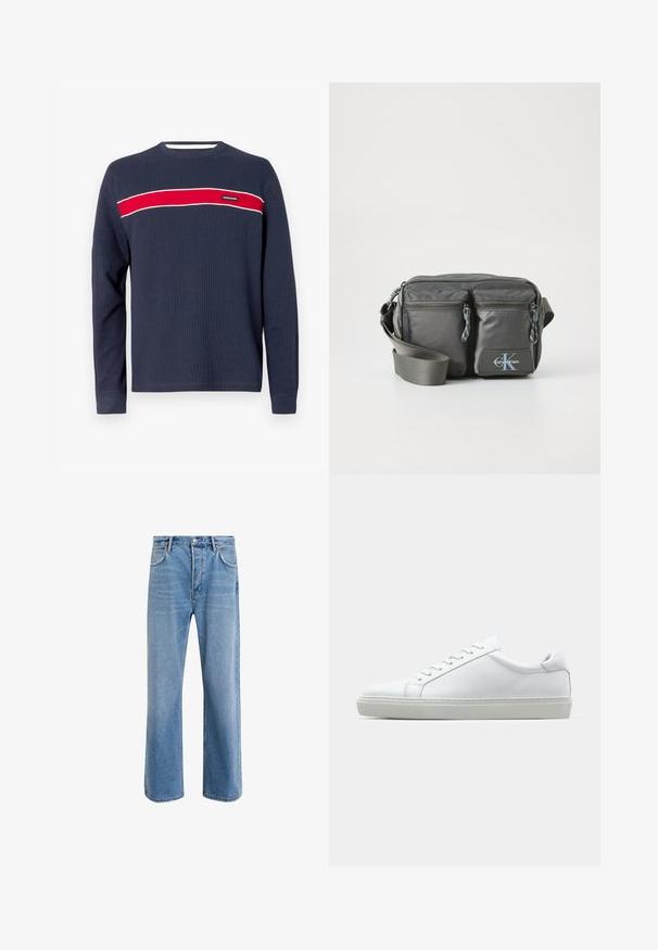 Tmavomodrá košeľa s dlhým rukávom s rebrovanou textúrou, s horizontálnym červeným pruhom a bielymi akcentmi cez hruď, s logom na štítku.; Svetlo modré denimové džínsy so strihom rovného nohu, päť vreciek, zapínanie na gombík, minimálne vyblednutie a kontrastné švy.; Biele tenisky s hladkým koženým zvrškom a nízkym profilom. Majú zaoblenú špičku, šesť očiek a štruktúrovanú gumovú podrážku.; Šedá nylonová taška cez telo s dvoma zipsovými prednými vreckami, nastaviteľným popruhom a akcentom loga. Hladký povrch s moderným dizajnom.