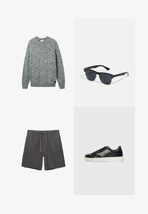 Maglione a maglia con texture nelle tonalità di blu e grigio. Collo a giro, maniche lunghe, polsini e orlo a costine. Etichetta del marchio visibile al collo.; Pantaloni corti grigi in cotone con elastico in vita, cordoncino regolabile, tasche laterali e vestibilità comoda. Texture liscia e design fino al ginocchio.; Sneaker nere con una toma superiore in pelle con effetto croc embossato, punta rotonda e suola in gomma bianca a contrasto con una finitura liscia.; Occhiali da sole neri con forma rettangolare, lenti scure, dettagli in argento alle tempie e finitura opaca sulla montatura.