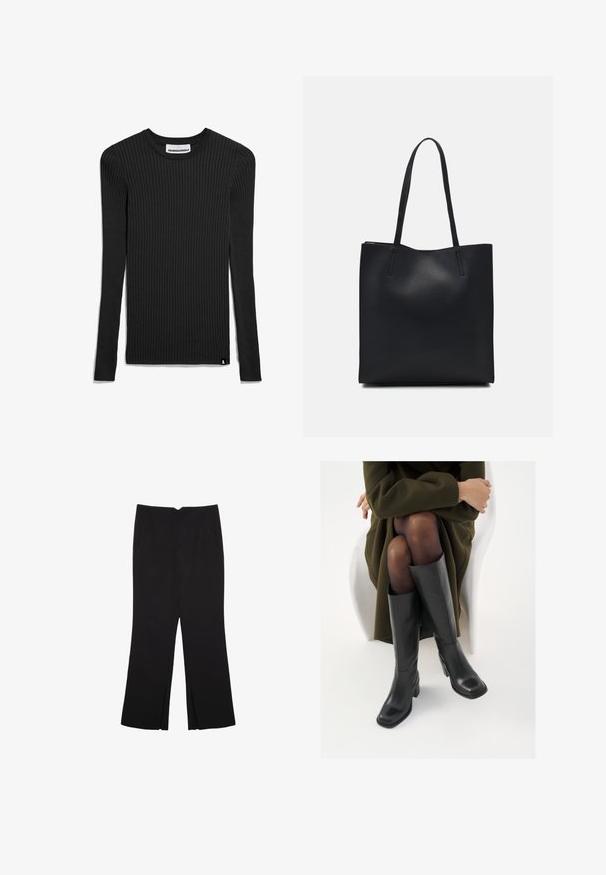 Schwarzer, langärmeliger, gerippter Strickpullover mit Rundhalsausschnitt und einem kleinen Markenetikett am unteren linken Rand. Weicher Stoff und taillierte Form.; Schwarze Hose mit geradem Schnitt, ausgestattet mit Fronttaschen und Seitenschlitzen am Saum. Hergestellt aus weichem, glattem Stoff. Geeignet für verschiedene Anlässe.; Knöchelhöhe schwarze Lederstiefel mit quadrater Spitze und Blockabsatz, gezeigt mit einem Modell, das einen olivgrünen Mantel trägt. Glatte Textur, minimale Details.; Schwarze Laptoptasche aus Leder mit glatter Textur, rechteckiger Form und zwei langen Griffen. Keine sichtbaren Beschläge oder Verzierungen.