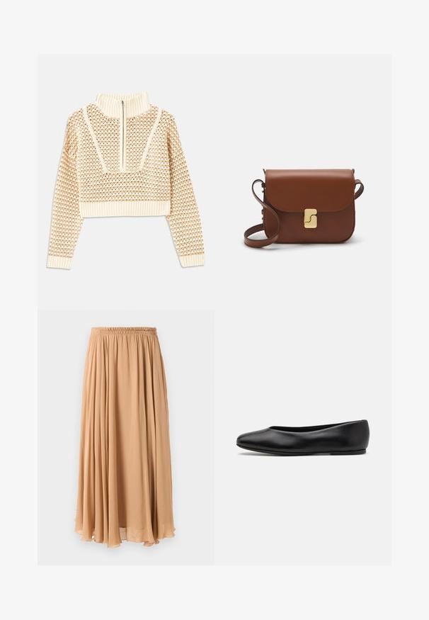 Light beige cropped sweater with a zippered mock neck, featuring a textured pattern and ribbed cuffs and hem. Combines knit and woven materials.; Maxi skirt in light beige, made of flowy fabric. Features a gathered elastic waistband and soft pleats for movement.; Paul Smith TOPANGA - Ballet pumps - black; Brown leather handbag with a flap closure, gold-tone hardware, a shoulder strap, and a smooth texture. Compact rectangular shape.