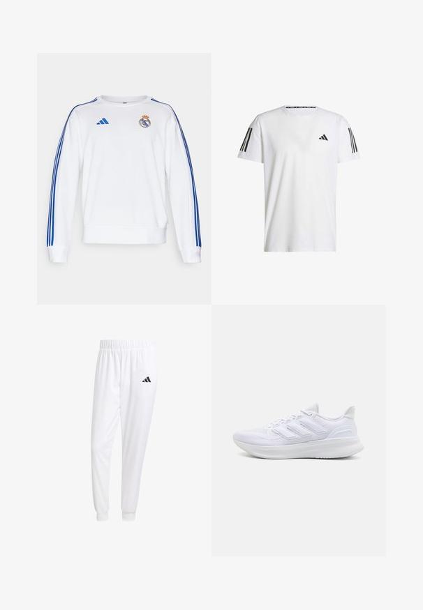 Sudadera blanca con franjas azules de Adidas en las mangas y el logo del Real Madrid en el pecho. Presenta puños y dobladillo de canalé.; Camiseta blanca de manga corta hecha de tejido transpirable, con un logo triangular negro y tres rayas negras en cada hombro.; Pantalones deportivos blancos de tela suave, con cinturilla elástica y puños ajustados, y un logo negro en el bolsillo trasero.; Zapatillas deportivas blancas con una parte superior de malla texturizada, suela acolchada y soporte, y un diseño de tres rayas en el lateral.