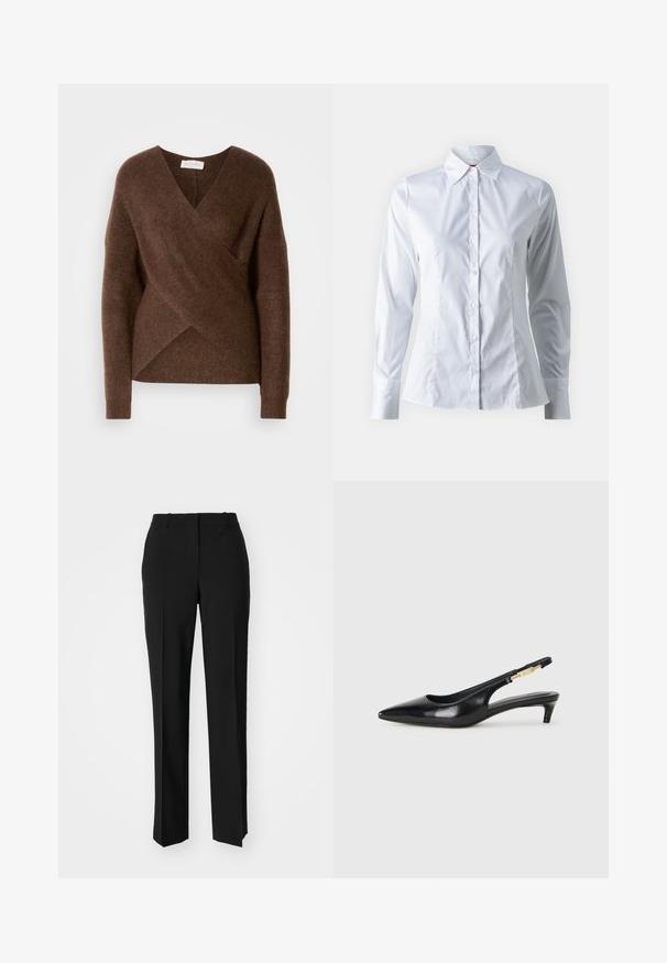 Ruskea neulehuppu, jossa on V-pääntie, pitkät hihat ja mukava rakenne. Sen asymmetrinen helma ja ei näkyviä kiinnityksiä.; Valkoinen pitkähihaisen napillisen paidan, jossa on kärkipyöristetty kaulus, tiukasti istuva malli, sileä puuvillakangas ja etupuolella napitus.; Mustat räätälöidyt housut suoraa lahjetta, joissa on sileä pinta ja terävät taitteet edessä. Ei näkyvää metalliosaa.; Mustat nahkaiset slingback-korkokengät, joissa on terävä kärki, ohuet korot ja kultasävytteinen yksityiskohta säädettävässä hihnassa. Silkkinen pinta.