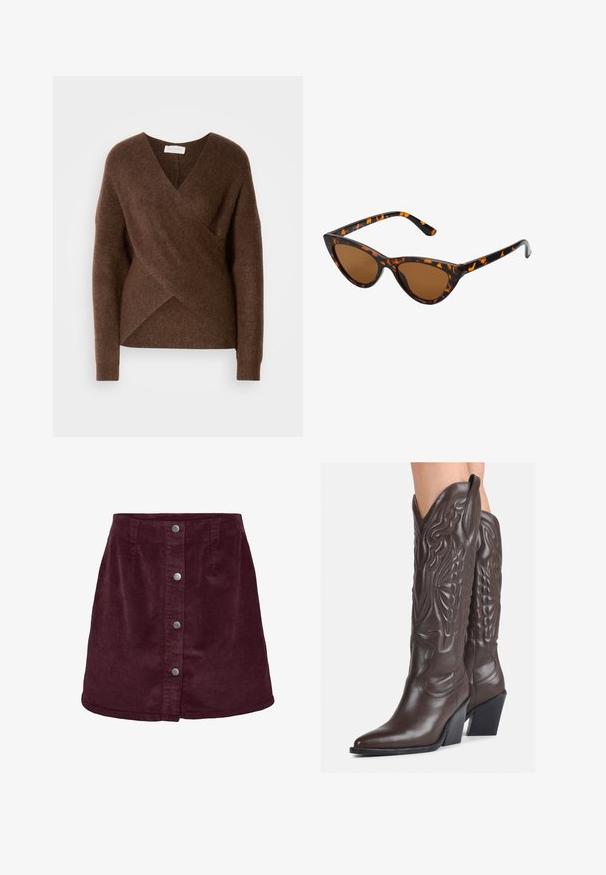 Brązowy, dziany sweter z okryciem, z dekoltem w kształcie V, długimi rękawami i przyjemną fakturą. Posiada asymetryczny dół i brak widocznych zapięć.; Burgundowa mini spódnica z korduroju w kształcie litery A, z pięcioma srebrnymi guzikami z przodu i subtelną teksturą prążkowaną.; Brązowe skórzane kowbojki z noskiem w kształcie migdała i blokowym obcasem, z detalicznym przeszyciem i podniesionymi akcentami na cholewce.; Okulary przeciwsłoneczne w kształcie kocich oczu z czarno-pomarańczową oprawą w deseń żółwia, brązowymi soczewkami i eleganckimi, spiczastymi końcówkami. Posiadają minimalistyczne logo na zauszniku.