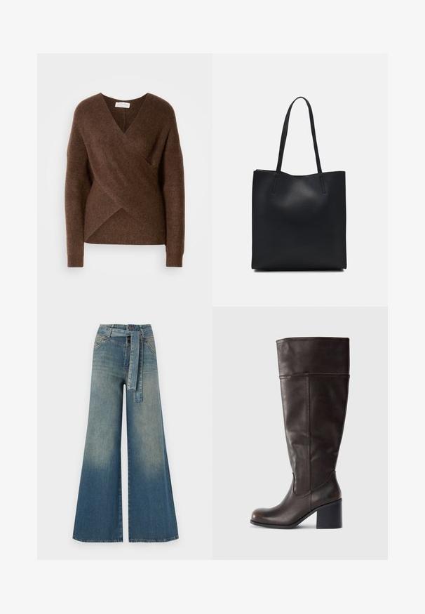 Brown, knitted wrap sweater with a V-neck design, long sleeves, and a cozy texture. Features an asymmetrical hemline and no visible fastenings.; Wide-leg denim trousers featuring a light to dark blue gradient, high waist, belt loops, and a matching fabric belt. Textured denim finish.; Brown leather knee-high boot with a rounded toe and a stacked heel. Features a smooth texture and side stitching detail.; Black leather tote bag with smooth texture, rectangular shape, and two long handles. No visible hardware or embellishments.