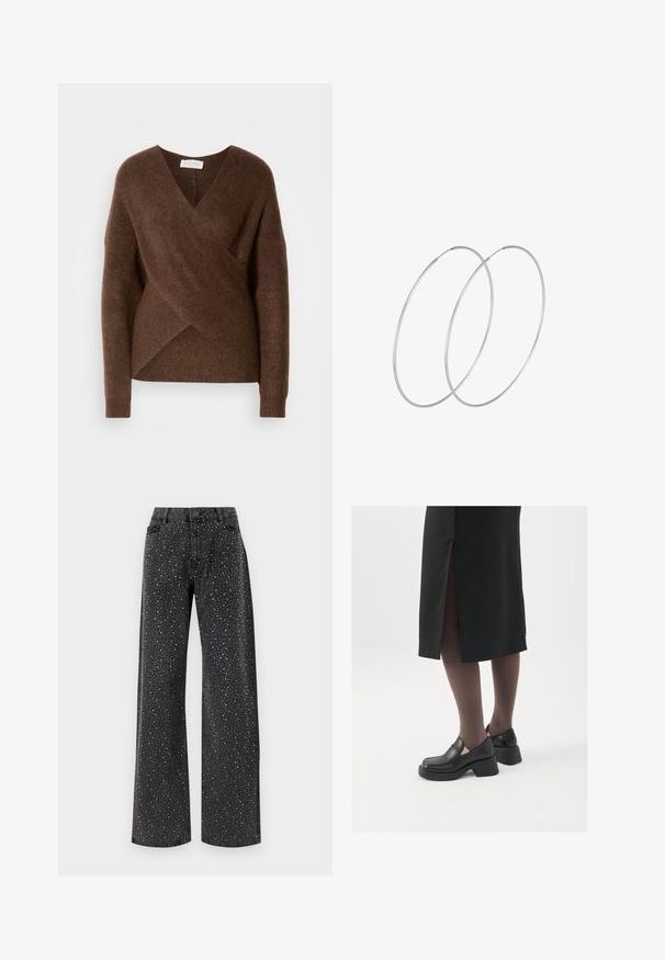 Brown, knitted wrap sweater with a V-neck design, long sleeves, and a cozy texture. Features an asymmetrical hemline and no visible fastenings.; Noisy May NMJANNEL LOOSE - Relaxed fit jeans - black denim; Black leather shoes with a rounded toe, thick block heel, and elastic side accents, paired with dark tights and a black skirt with a slit.; Silver hoop earrings with a minimalist design. Circular shape, smooth texture, and thin profile. Lightweight with a polished finish.