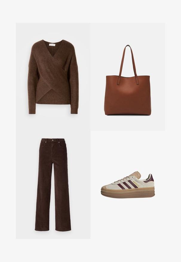 Ruskea neulehuppu, jossa on V-pääntie, pitkät hihat ja mukava rakenne. Sen asymmetrinen helma ja ei näkyviä kiinnityksiä.; Vero Moda VMTESSA WIDE PANTS - Housut - chocolate torte; Beige mokkasiner med maroonstriper, hvite detaljer, en tykk gjennomsiktig såle og hevet merkevare på siden. Snøredesign.; Ruskea nahkainen olkalaukku, jossa on sileä pinta, avoin yläosa ja kaksi olkahihnaa. Omaavat vain minimaalisen ompelun eikä näkyvää metalliosaa.