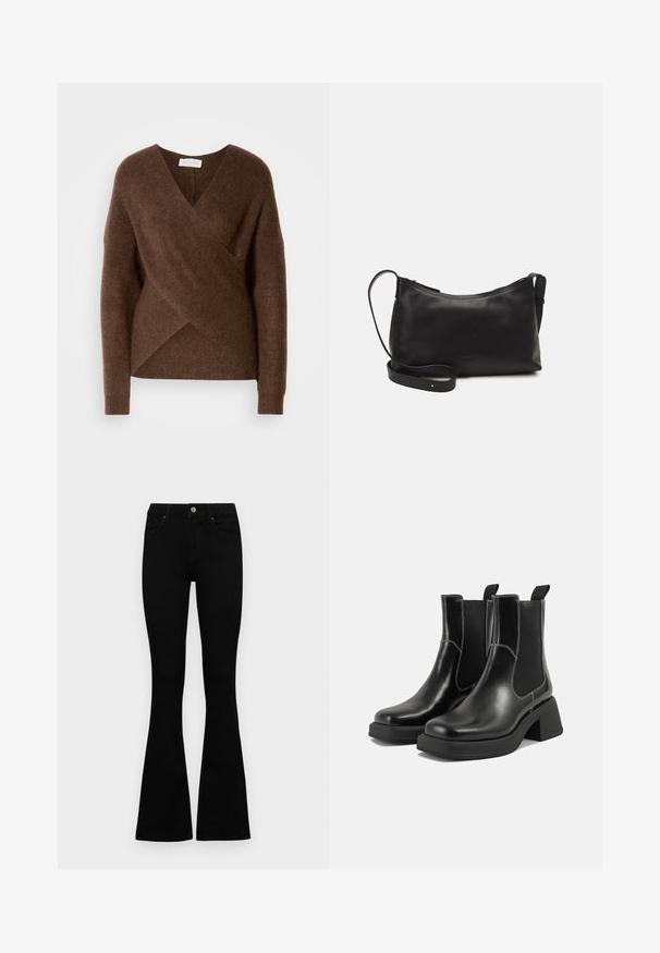 Suéter envolvente de punto marrón con diseño de escote en V, mangas largas y una textura acogedora. Presenta un dobladillo asimétrico y sin cierres visibles.; Jeans negros de cintura alta con cierre de botón y cremallera, bolsillos frontales y piernas acampanadas, dispuestos sobre un fondo blanco.; Botas Chelsea de cuero negro con tacón grueso, paneles laterales elásticos y costuras en blanco que contrastan. Acabado texturizado.; Bolso de hombro de cuero negro con una textura suave, forma curvada, correa ajustable y cierre con cremallera. Diseño minimalista sin adornos.