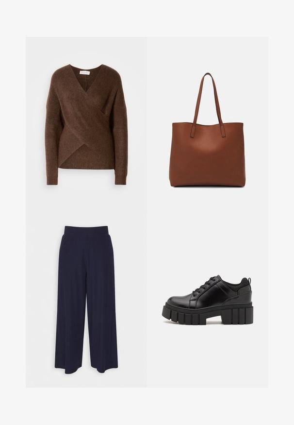 Pulover căptușit, tricotat, de culoare maro, cu decolteu în V, mâneci lungi și o textură confortabilă. Prezintă un tiv asimetric și nu are închideri vizibile.; Pantaloni cu croi larg din țesătură de culoare bleumarin închis, cu un model texturat. Prezintă un brâu neted și o siluetă fluidă, ajungând până la jumătatea gambei.; Pantofi cu talpă plată din piele neagră, cu toc gros, vârf rotund și design tradițional cu șireturi. Prezintă o textură netedă și detalii minime.; Geantă de umăr din piele maro cu o textură netedă, design cu vârf deschis și două curele pentru umăr. Prezintă cusături minime și fără componente metalice vizibile.