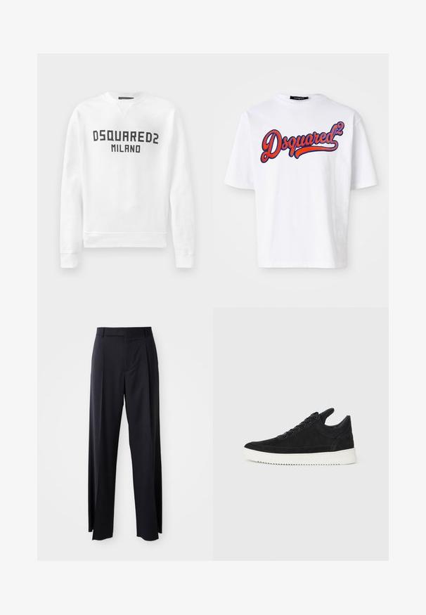Sudadera blanca hecha de material suave, con cuello redondo, mangas largas y un logotipo negro "DSQUARED2 MILANO" en la parte frontal.; Camiseta blanca de algodón con cuello redondo, que presenta un destacado logotipo bordado en azul y rojo de "Dsquared²" en la parte delantera. Manga corta.; Pantalones negros de tiro alto con corte de pierna ancha, confeccionados en una tela suave. Presenta pliegues en la parte delantera y trabillas para cinturón. Diseño minimalista, sin hardware visible.; Zapatilla de ante negra con suela de goma blanca, que presenta costuras en el mismo tono y un diseño de cordones. Textura suave con una forma moderna y aerodinámica.