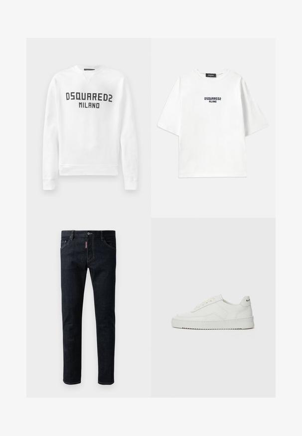 Hvid sweatshirt lavet af blødt materiale med rund hals, lange ærmer og et sort "DSQUARED2 MILANO" logo på forsiden.; Dsquared2 LOOSE FIT TEE - T-shirts print - white/dark navy; Mørkeblå denim jeans med slim fit, der har knaplukning, fem lommer og kontrasterende gul syninger i sømmene.; Hvide lædersneakers med en glat overflade, rund tå, flade snørebånd og en tekstureret sål. Har et diskret logo på hælen.