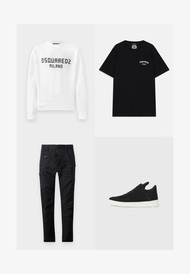 Bílá mikina vyrobená z měkkého materiálu, s kulatým výstřihem, dlouhými rukávy a černým logem "DSQUARED2 MILANO" na přední straně.; Černé bavlněné tričko s krátkými rukávy, se svým bílým logem "DSQUARED2 MILANO" na hrudi. Design s kulatým výstřihem, hladká textura.; Černé cargo kalhoty vyrobené z odolné tkaniny, s několika kapsami, knoflíkovým zapínáním a rovnými nohavicemi. Hladký povrch a matný vzhled.; Černé semišové tenisky s bílou gumovou podrážkou, s tónovým prošitím a šněrováním. Hladký povrch s moderním, aerodynamickým tvarem.