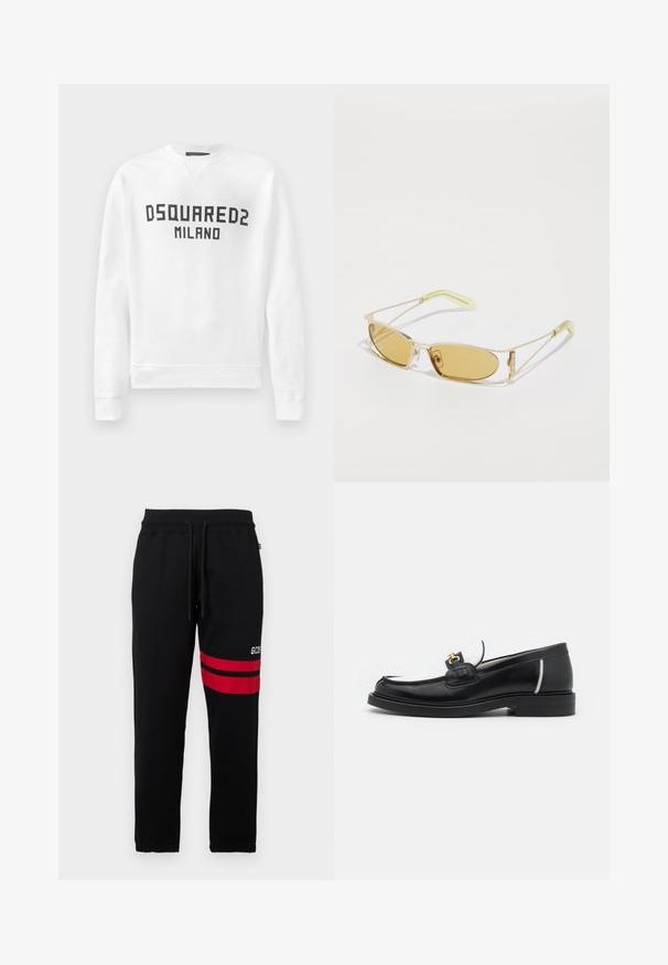 White sweatshirt made of soft material featuring a crew neck, long sleeves, and a black "DSQUARED2 MILANO" logo on the front.; Black sweatpants with contrast red stripes and logo on the side. Features an elastic waistband with drawstring and tapered ankle cuffs.; Black leather loafer with a rounded toe, white accents, and gold hardware on the vamp. Features a textured patch and stacked heel.; Yellow-tinted sunglasses with a translucent gold frame, slim rectangular shape, and angular arms with light green accents.