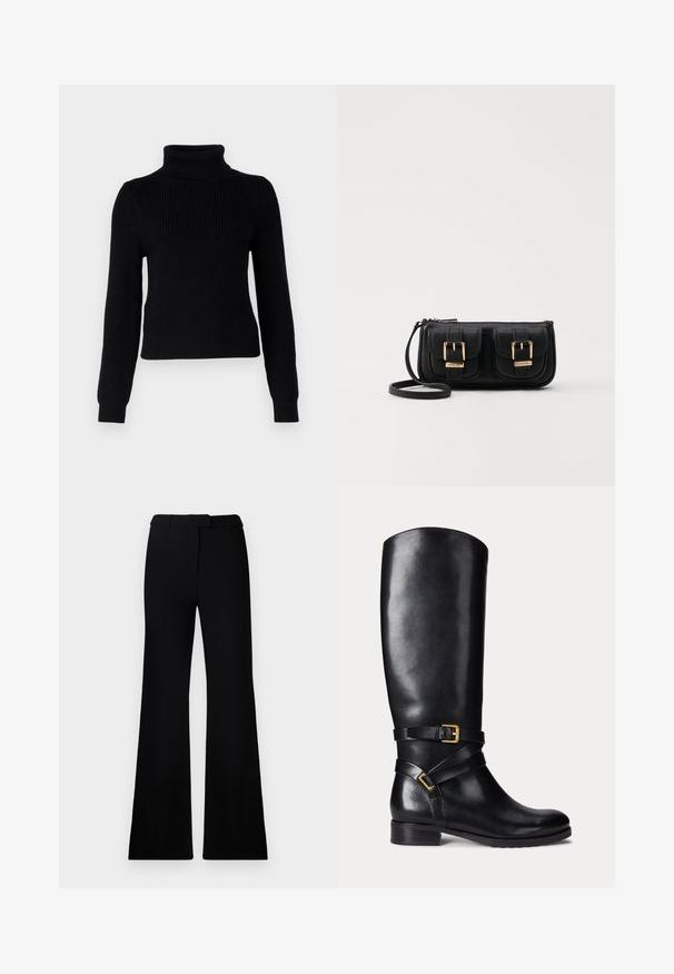 Zwarte gebreide coltrui met lange mouwen, geribbelde textuur en aansluitend ontwerp. Heeft een hoge kraag en geribbelde manchetten en zoom.; Zwarte uitlopende broek met een soepele textuur, een op maat gemaakte tailleband en voorzakken, ontworpen met een elegante, moderne silhoeët.; Zwarte leren kniehoge laars met een ronde neus, een lage blokhak en dubbele banden met een gouden gespaccent. Gladde textuur.; Zwarte leren schoudertas met twee vo pockets, gouden gespen, ritsluiting en een smalle band. Tekstuur oppervlak en compacte rechthoekige vorm.