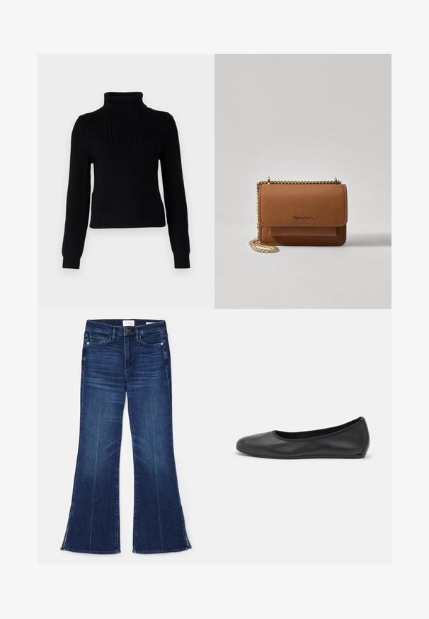 Schwarzer, gestrickter Rollkragenpullover mit langen Ärmeln, gerippter Textur und tailliertem Design. Verfügt über einen hohen Kragen sowie gerippte Bündchen und Saum.; Dunkelblaue, ausgestellte Jeans aus Denim. Mit hoher Taille, vorderen Taschen und Schlitzen am Saum. Klassisches Fünf-Taschen-Design.; Schwarze Leder-Ballettschuhe mit abgerundeter Spitze, glatter Textur, minimalen Nähdetails und einem flexiblen Sohlen-Design.; Braune strukturierte Ledertasche mit goldener Kettenriemen und Klappenverschluss. Die Vorderseite zeigt ein Logo-Detail und eine Tasche unter der Klappe.