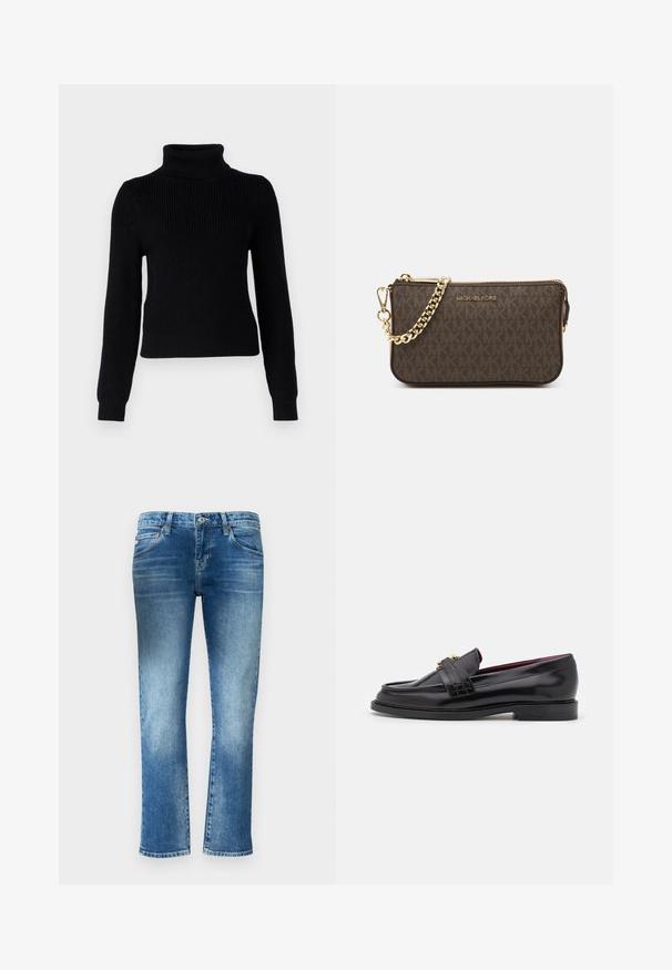 Schwarzer, gestrickter Rollkragenpullover mit langen Ärmeln, gerippter Textur und tailliertem Design. Verfügt über einen hohen Kragen sowie gerippte Bündchen und Saum.; Hellblaue Jeans aus Denim mit geradem Bein, subtiler Ausbleichung und mittelhoher Taille. Verfügt über fünf Taschen und Gürtelschlaufen.; Schwarze Lederloafers mit einem gestickten Muster, glatter Textur, goldenen Schnallendetails und einer runden Zehenform, auf einer niedrigen schwarzen Sohle.; Braune Leder-Crossbody-Tasche mit Logo-Muster, goldener Kettenriemen, Reißverschlussverschluss und goldenen Hardware-Details. Kompakte und rechteckige Form.