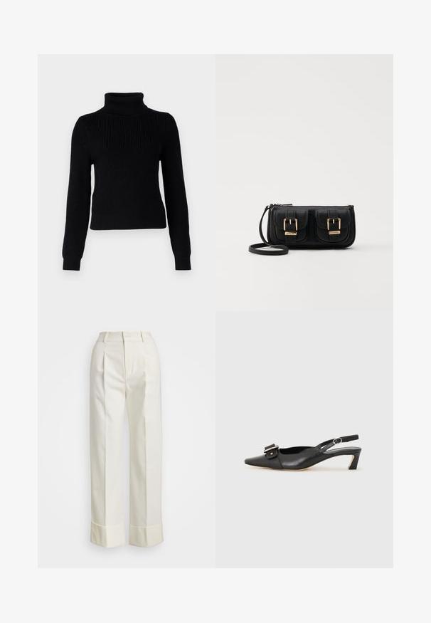 Črni pleteni pulover s turtleneck izrezom, dolgimi rokavi, rebrasto teksturo in oprijetim dizajnom. Ima visok ovratnik ter rebraste manšete in spodnji rob.; Bela krojena hlače z visokim pasom, dvema sprednjima pregiboma in širokimi nogami s prepognjenimi manšetami. Narejene so iz gladkega, teksturiranega blaga.; Črne usnjene slingback čevlje z ostrim nosom, majhnim petam in dekorativno sponko na zgornjem delu. Gladka tekstura, minimalistična zasnova.; Črna usnjena torbica čez ramo z dvema sprednjima žepoma, zlatimi zaponkami, zadrgo in ozkim pasom. Tekstura površine je strukturirana, obliko pa ima kompaktno pravokotno.