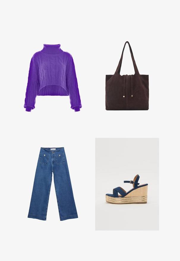 Pull cropped en tricot côtelé violet avec un col haut et des manches larges. La texture est douce et présente des motifs complexes tout au long.; Jeans en denim à jambes larges avec un délavage bleu moyen, deux poches avant avec fermetures à bouton, et des détails cousus le long des ourlets.; Sandale compensée bleu marine avec des brides croisées, une plateforme en fibre naturelle texturée, et un accent métallique doré à la base.; Mango Cabas - dark brown