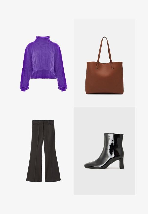 Lila cable-knit kratek pulover z visokim ovratnikom in širokimi rokavi. Tekstura je mehka, z zapletenimi vzorci po celotni površini.; Črne razširjene hlače z visokim pasom; vključujejo dva sprednja žepa in gladko teksturo tkanine. Primerne za različne priložnosti.; Črne lakirane gležnjarje z ošiljenim nosom in srednje visokim blokastim peto. Gladka tekstura in minimalističen dizajn.; Rjava usnjena torba z gladko teksturo, odprto zasnovo zgoraj in dvema naramnima trakovoma. Opremljena je z minimalnim šivanjem in brez vidnih kovinskih delov.