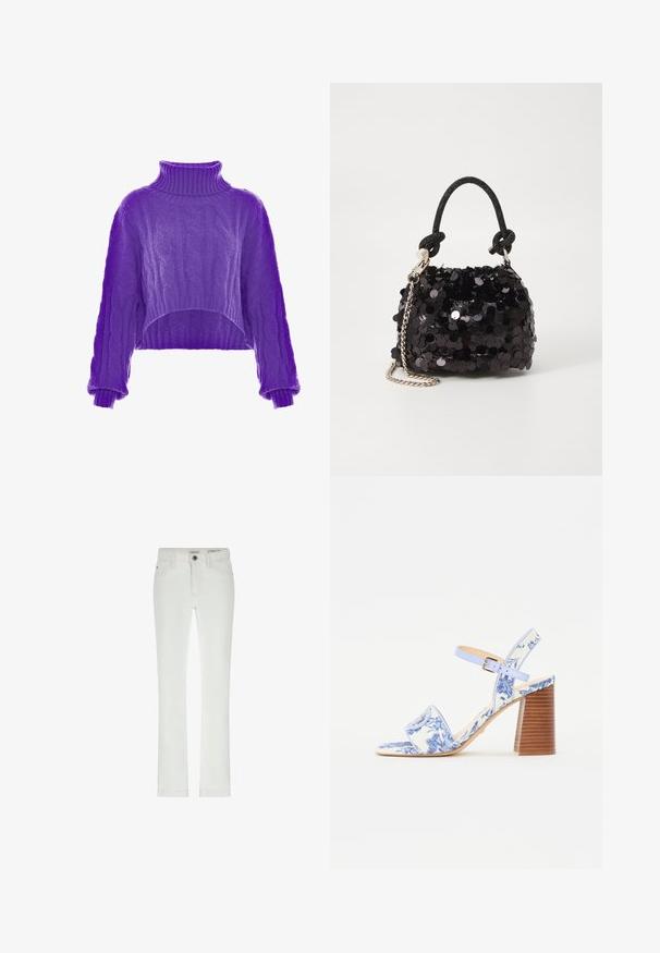 Lila, gestrickter, cropped Pullover mit hohem Kragen und weiten Ärmeln. Die Textur ist weich und weist kunstvolle Muster auf.; Weiße Jeans in schlanker Passform, 5-Taschen-Design und kontrastierenden Nähten. Mit Knopfverschluss und subtiler Markenkennzeichnung am Bund.; Blaue sandaletten mit Blumenmuster, quadratischer Zehenpartie, breitem Riemen und verstellbarem Knöchelriemen, ausgestattet mit einem strukturierten Holzblockabsatz.; Schwarze Pailletten-Mini-Handtasche mit einem geknoteten, strukturierten Tragegurt und einer silbernen Kette. Abgerundete Form mit gerafftem oberen Teil und reflektierenden Details.