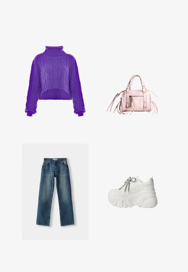 Lila, gestrickter, cropped Pullover mit hohem Kragen und weiten Ärmeln. Die Textur ist weich und weist kunstvolle Muster auf.; Blaue Jeans aus Denim mit geradem Bein, Knopfverschluss, fünf Taschen und verwaschenen Stellen. Das Material wirkt robust mit einer strukturierten Oberfläche.; Plattform-Sneaker aus weißem Synthetikmaterial mit einer dicken Sohle, ausgestattet mit einem strukturierten Design und metallisch silbernen Schnürsenkeln.; Rosa Handtasche mit geflochtenem Obergriff, silberner Hardware, vorderer Reißverschlusstasche und langen Quasten an den Seiten; strukturiertes Kunstledermaterial.
