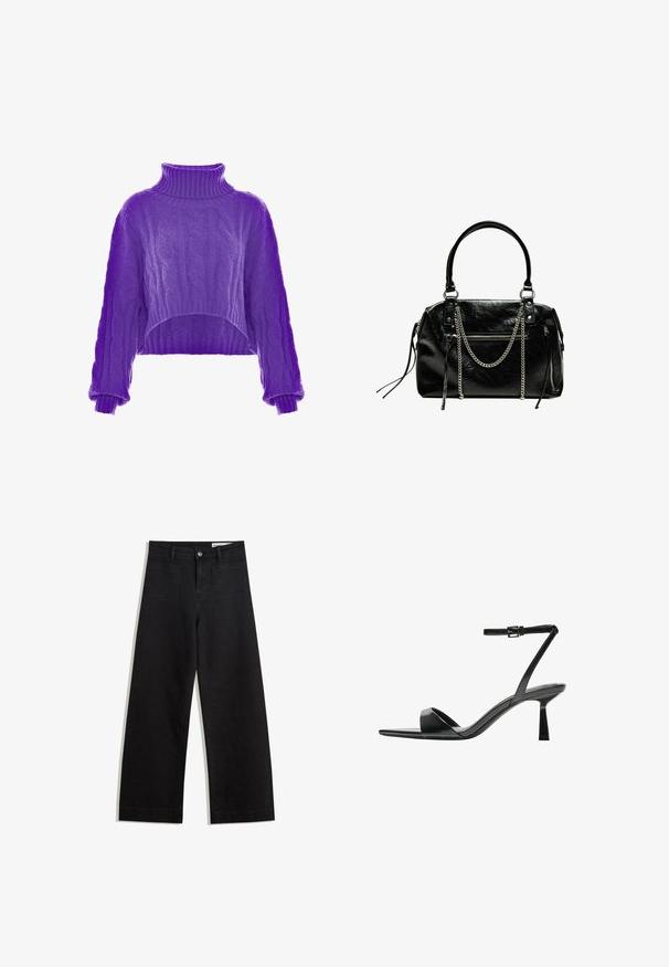 Lila, cable-knit cropped pulóver magas gallérral és széles ujjal. A textúrája puha, bonyolult mintákkal díszítve.; Fekete, bő szabású farmernadrág magas derékkal, elülső és hátsó zsebekkel, varrott felületekkel és gombos záródással. Sima textúra.; Bershka Magas sarkú szandálok - black; Bershka WITH CHAIN - Kézitáska - black