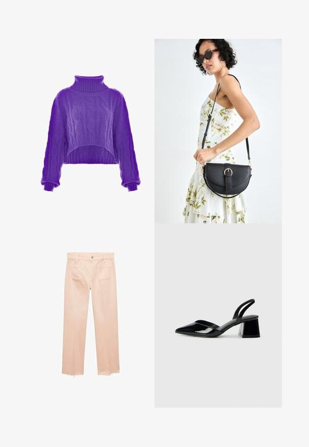 Maglione corto a treccia viola con colletto alto e maniche ampie. La trama è morbida e presenta intricate decorazioni in tutto il capo.; Pantaloni rosa chiaro con design a gamba dritta, realizzati in cotone, dotati di due tasche posteriori e orli sfilacciati per un look casual.; Décolleté in vernice nera con punta affusolata e tacco in geometria cubica. Presentano un design elegante e minimalista, con una texture liscia.; Borsa a tracolla nera in pelle con una forma curva, manico rimovibile e accessori dorati. La borsa presenta una patta con un dettaglio a fibbia.